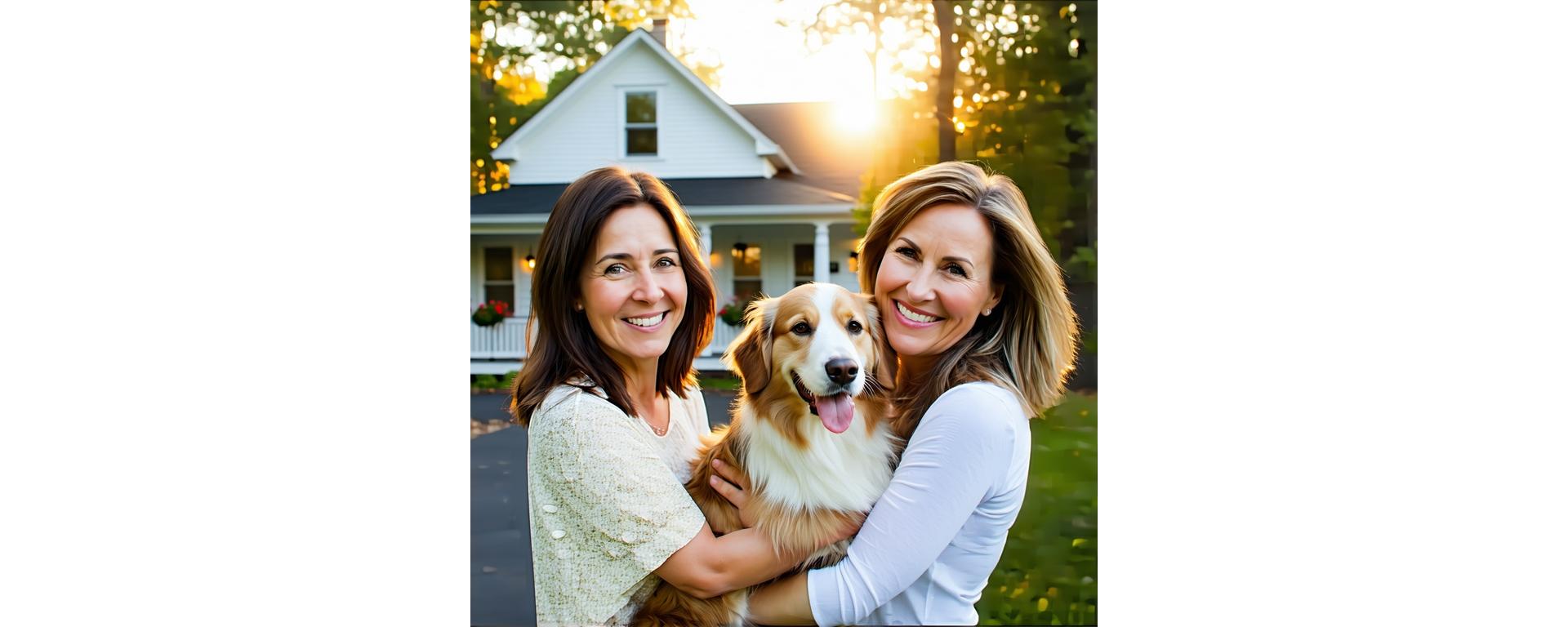 Smiling family holding their dog in front of Greenfield Veterinary Clinic