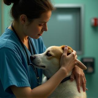 Veterinarian comforting an injured dog