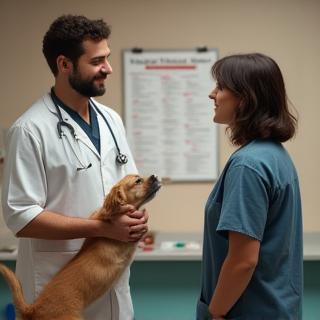 Vet advising pet owner on nutrition